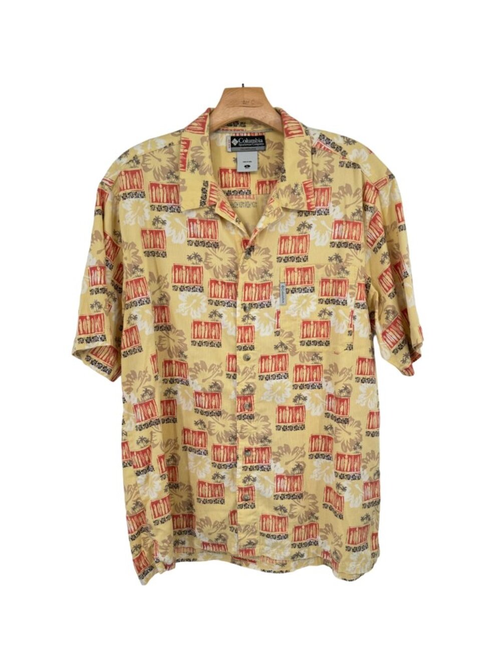 Columbia Men's Hawaiian Button-Up Shirt surfboards yellow size large cotton